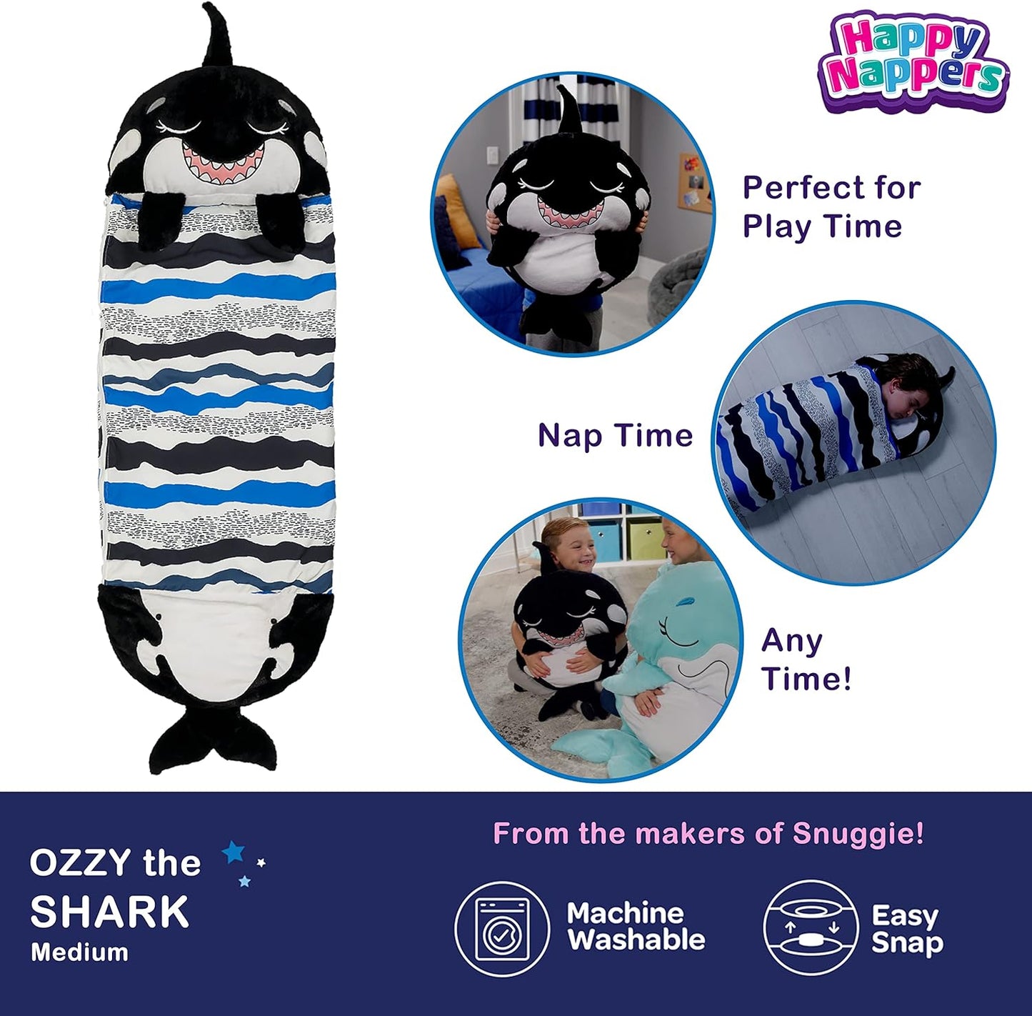 Happy Nappers Pillow & Sleepy Sack- Comfy, Cozy, Compact, Super Soft, Warm, All Season, Sleeping Bag with Pillow- Medium 54” x 20”, Shark