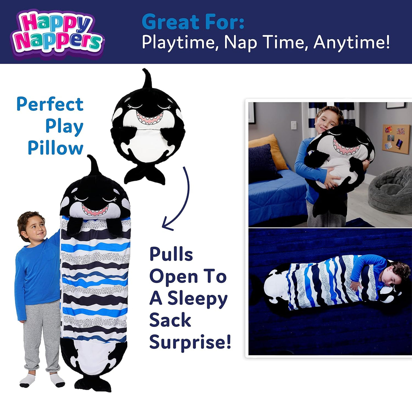 Happy Nappers Pillow & Sleepy Sack- Comfy, Cozy, Compact, Super Soft, Warm, All Season, Sleeping Bag with Pillow- Medium 54” x 20”, Shark