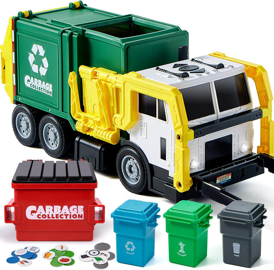 JOYIN Large Friction Powered Garbage Truck Toy Set, Includes Dumpster, Trash Bins