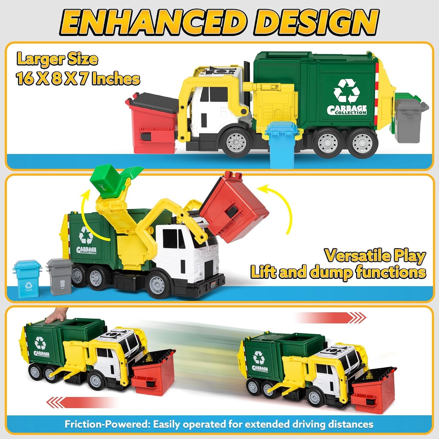 JOYIN Large Friction Powered Garbage Truck Toy Set, Includes Dumpster, Trash Bins